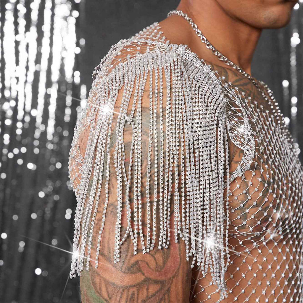Grid Rhinestone Fishnet T-shirt See-through Nightclub shirt