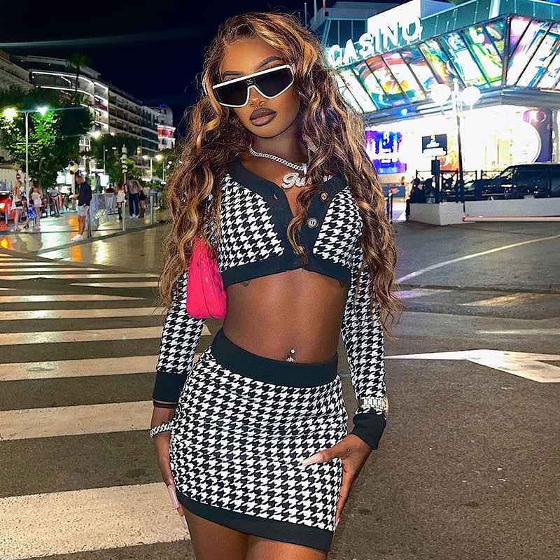 V-neck Digital Printing Short Top Color Matching Skirt