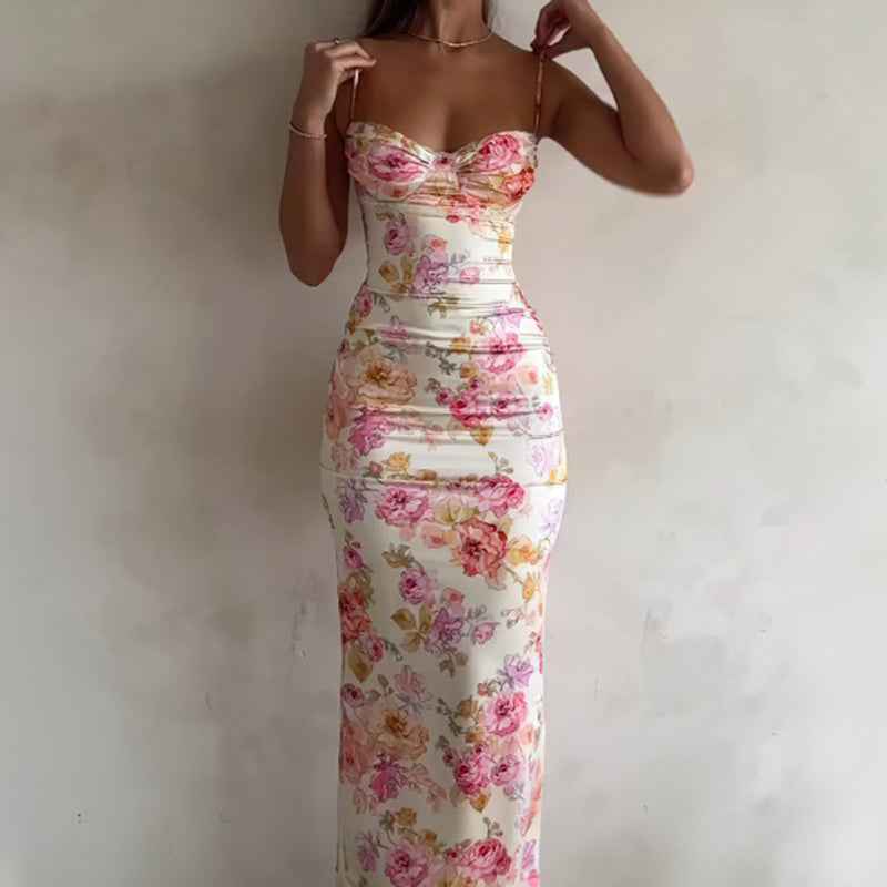 Women's Floral Bodycon Maxi Dress - Sexy Spaghetti Strap Dress
