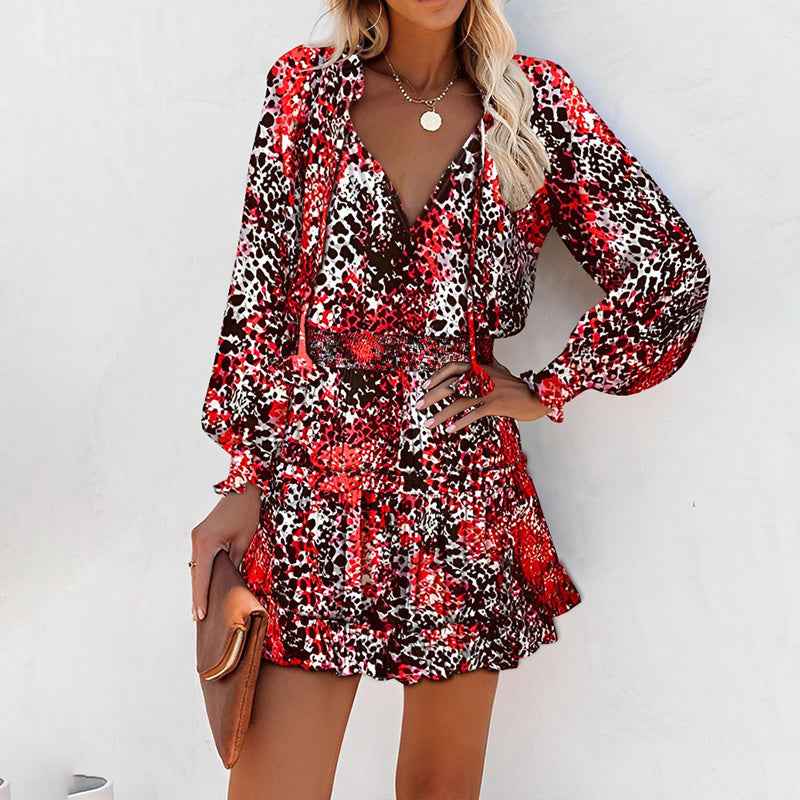 Women's Bohemian Print V-Neck Long Sleeve Dress - Flowy Beach Dress