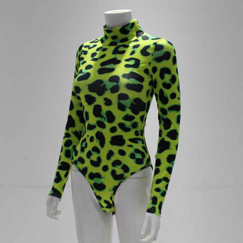 Women's High Collar Long-sleeved Leopard Print Bodysuits