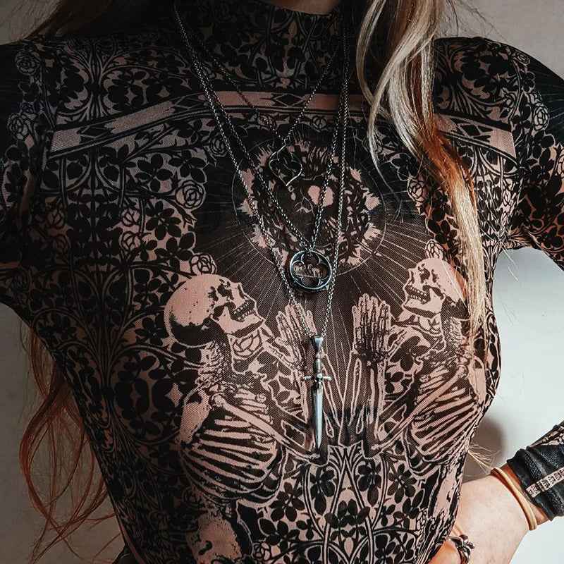 Women's Design Sense Vintage Abstract Print Long-sleeved Bodysuit