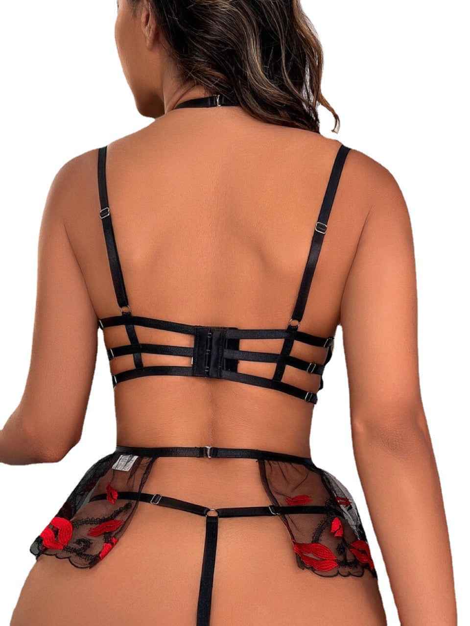 Sexy Women's Mesh Embroidered Kisses Lingerie Set