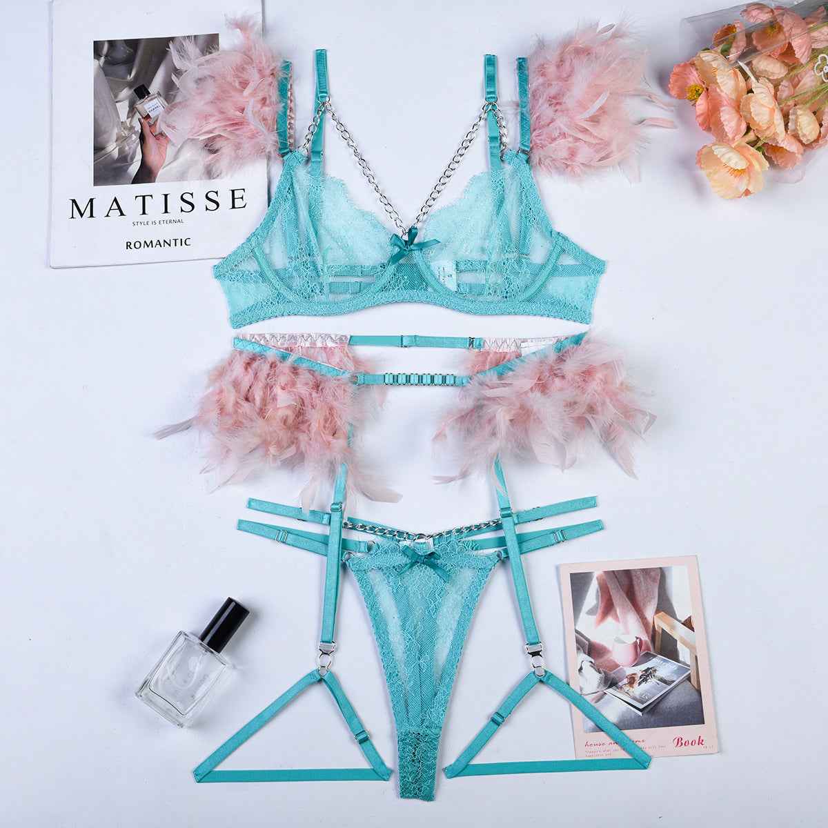 Christma Feather and Chains Lace Sexy Lingerie Set