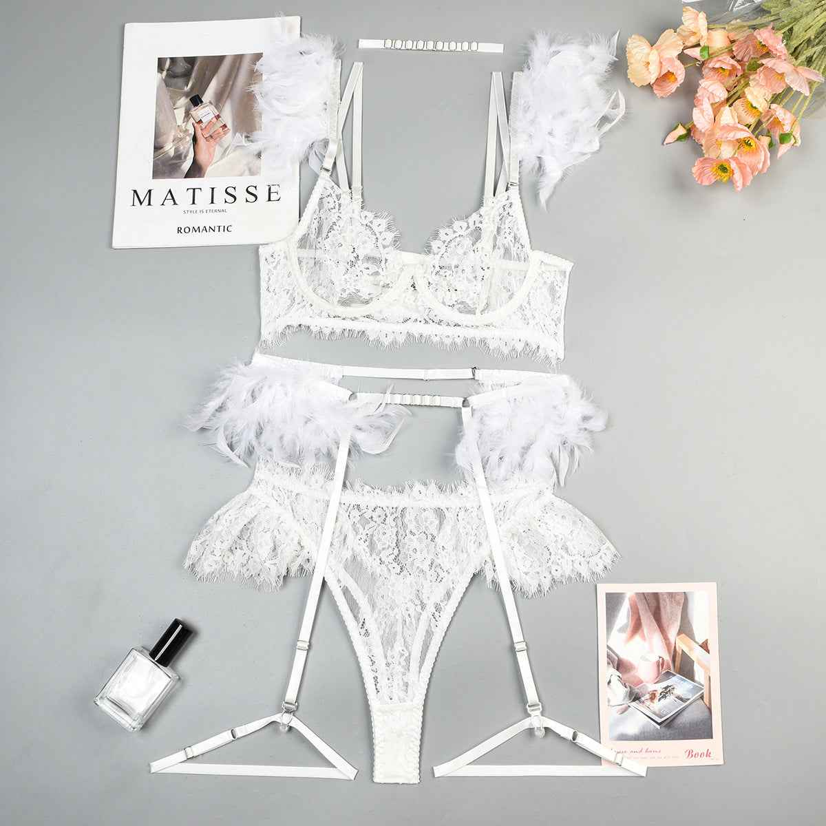 Feather Sexy Lingerie Lace Women Bra Panty Set