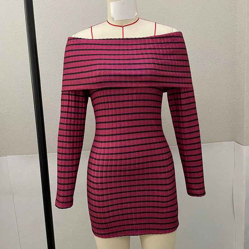 Women's Striped Off-Shoulder Bodycon Dress, Long Sleeve Sexy Mini Dress