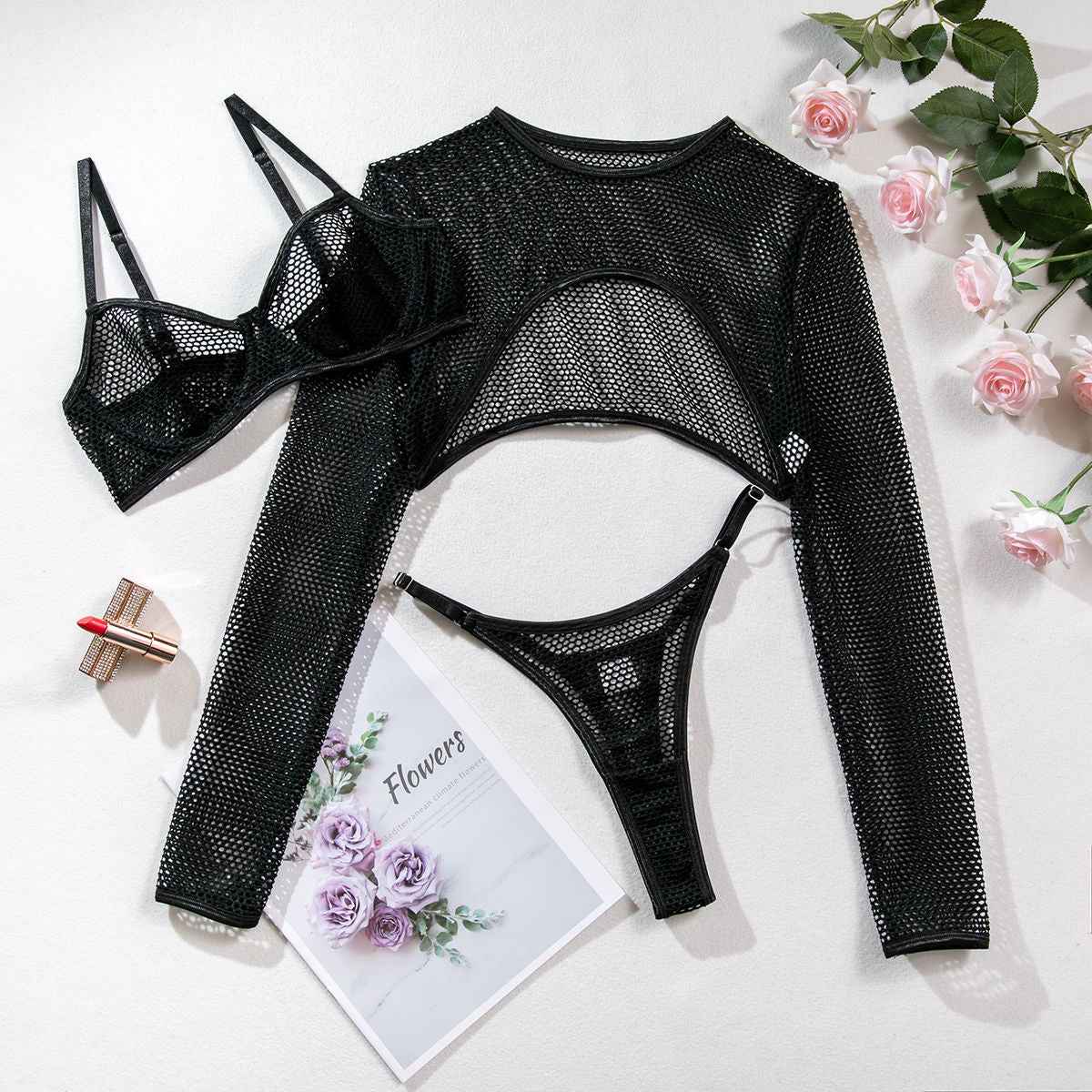Long Sleeve Mesh Lingerie Three-piece Set
