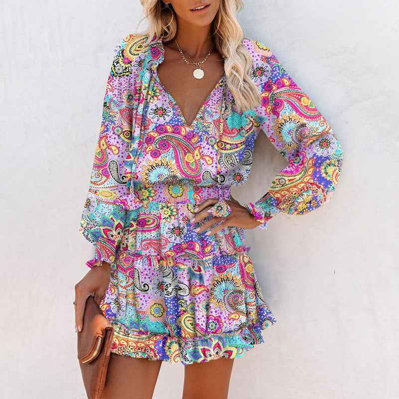 Women's Bohemian Print V-Neck Long Sleeve Dress - Flowy Beach Dress