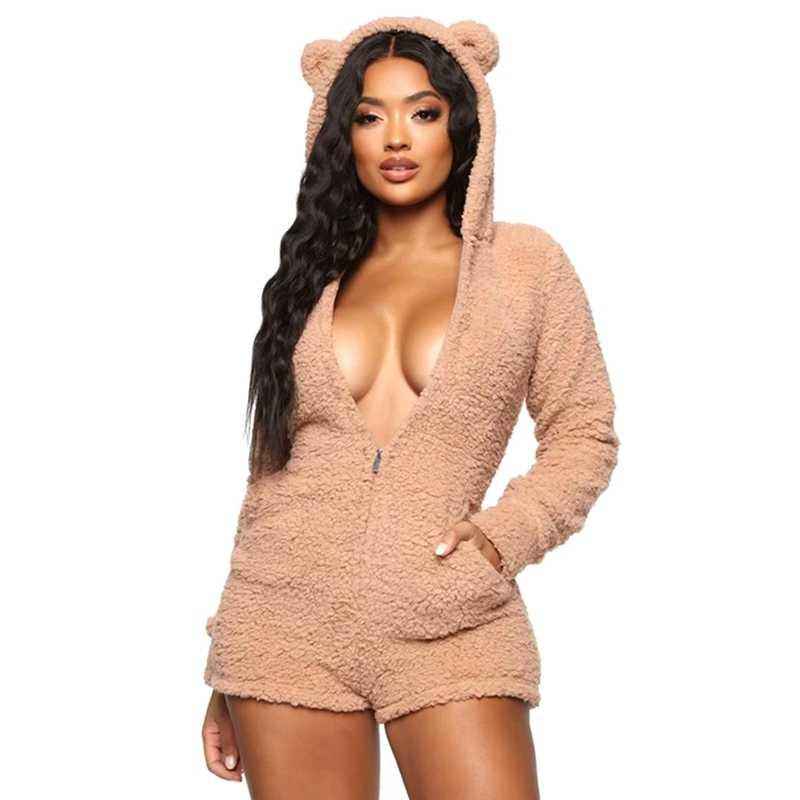 Hooded Furry Long Sleeve Plush Jumpsuit