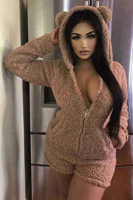 Hooded Furry Long Sleeve Plush Jumpsuit