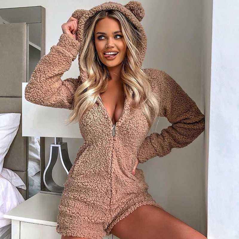 Hooded Furry Long Sleeve Plush Jumpsuit