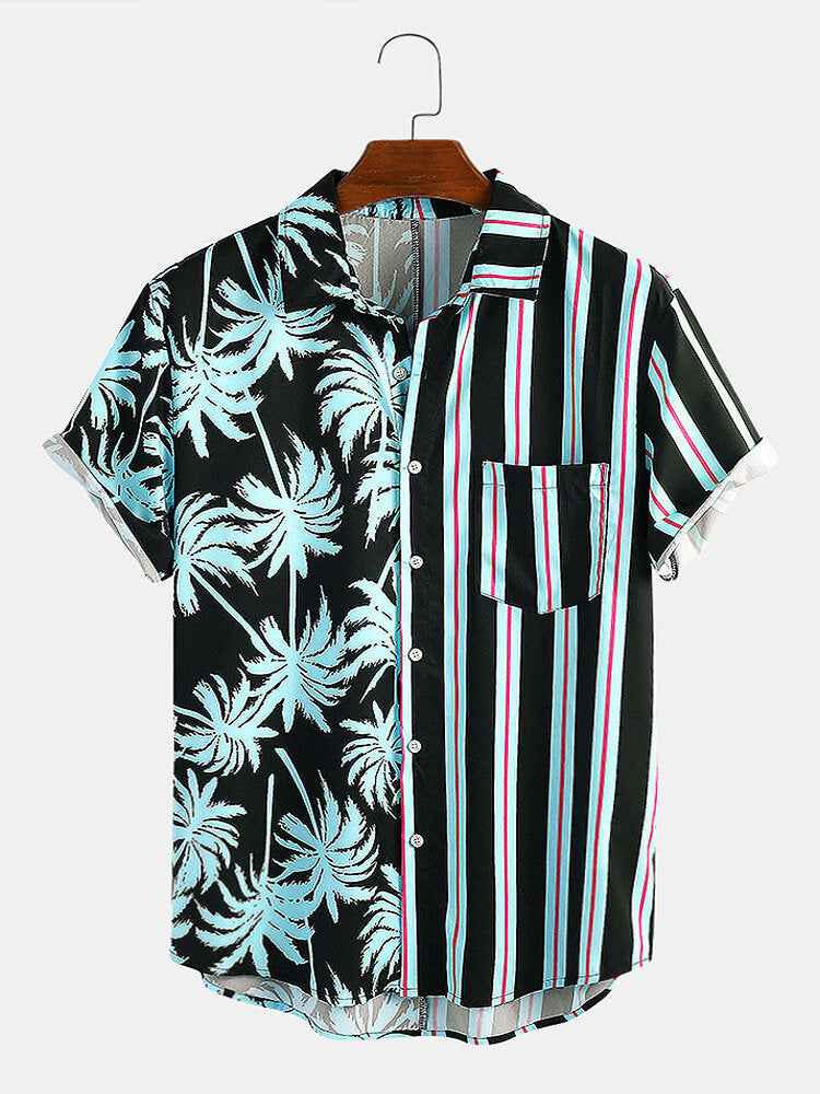 New Men's Printed pattern Striped Stitching Casual Shirt Short-sleeved
