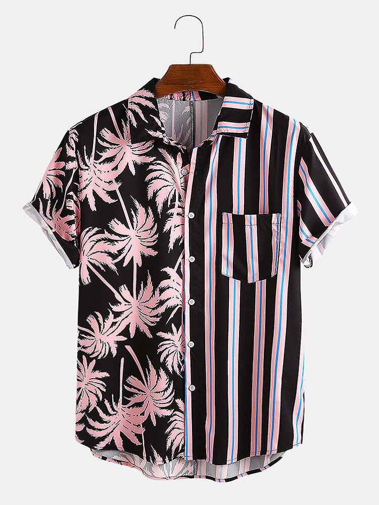 New Men's Printed pattern Striped Stitching Casual Shirt Short-sleeved