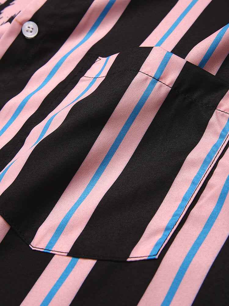 New Men's Printed pattern Striped Stitching Casual Shirt Short-sleeved