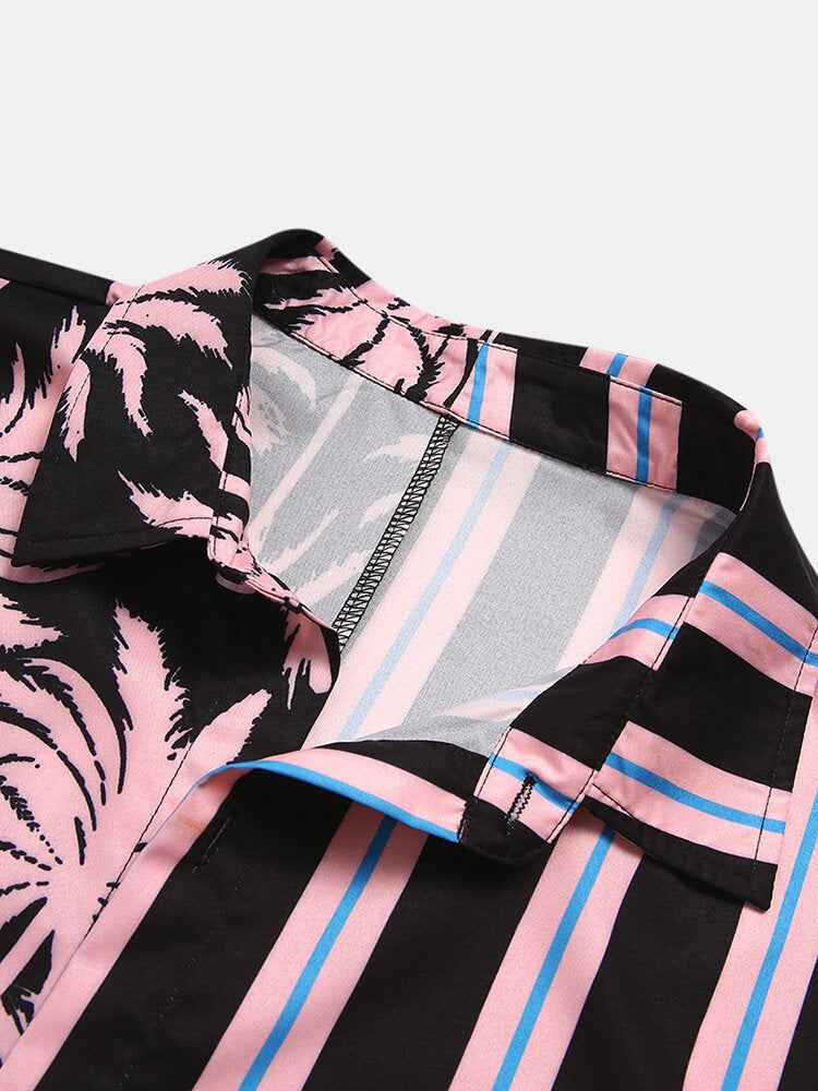 New Men's Printed pattern Striped Stitching Casual Shirt Short-sleeved