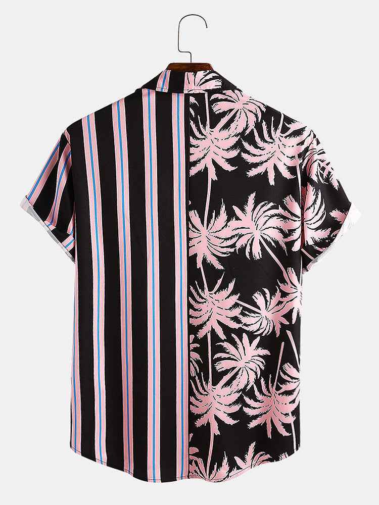 New Men's Printed pattern Striped Stitching Casual Shirt Short-sleeved