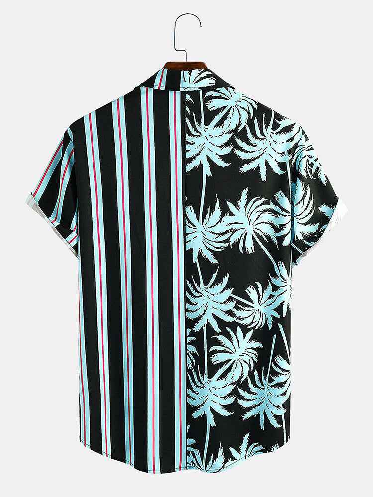 New Men's Printed pattern Striped Stitching Casual Shirt Short-sleeved