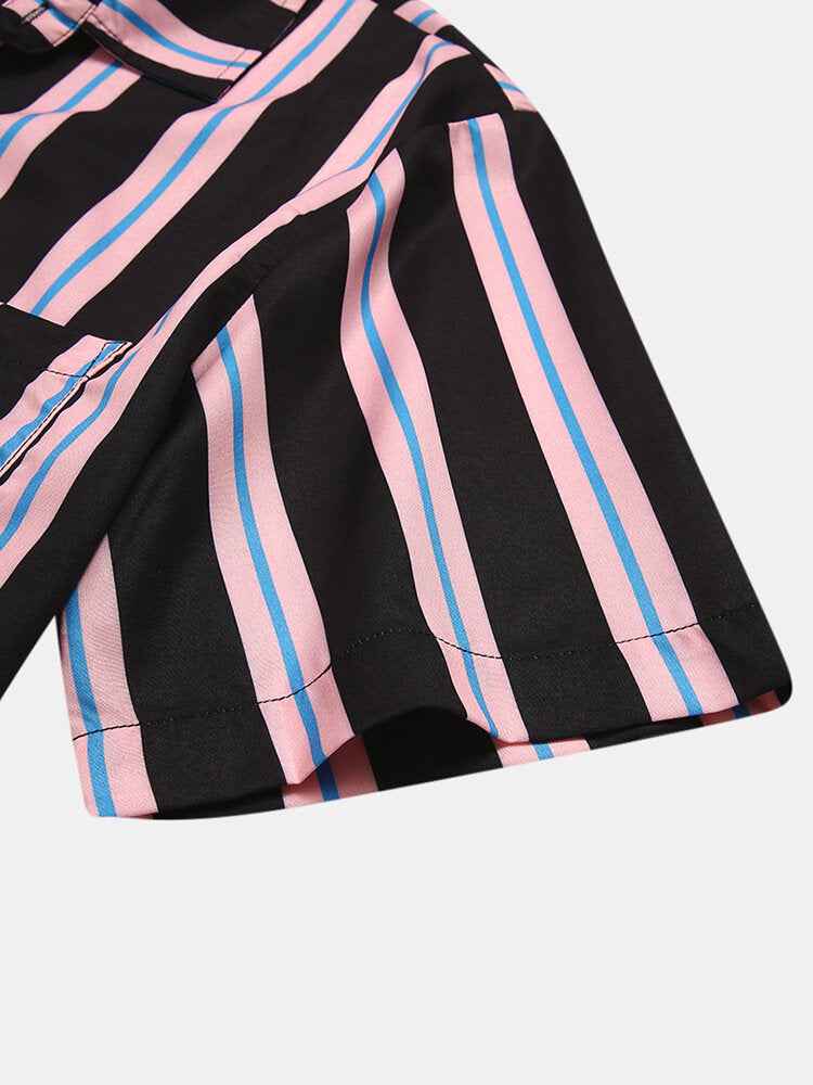 New Men's Printed pattern Striped Stitching Casual Shirt Short-sleeved