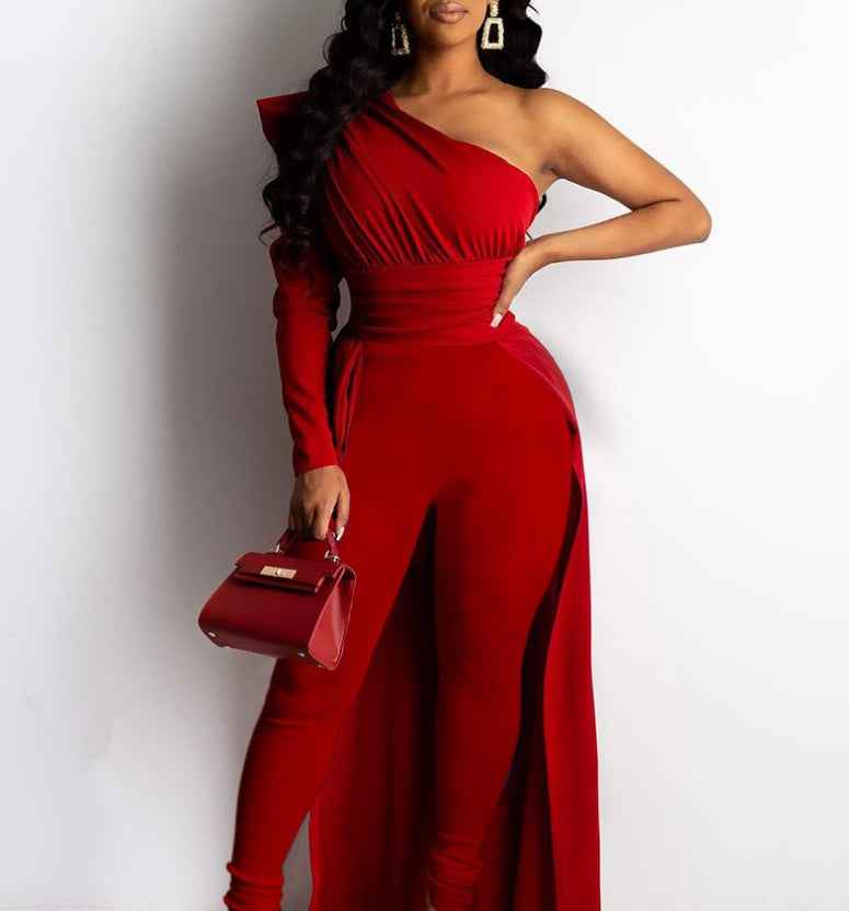 New Style Red One-Shoulder Sleeve Long Jumpsuit
