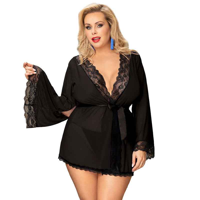 Plus Size Black Lace Stitching High-end Sexy Robe