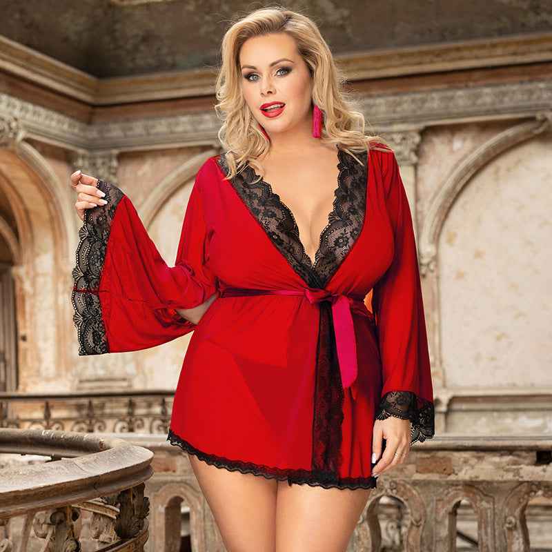 Plus Size Black Lace Stitching High-end Sexy Robe