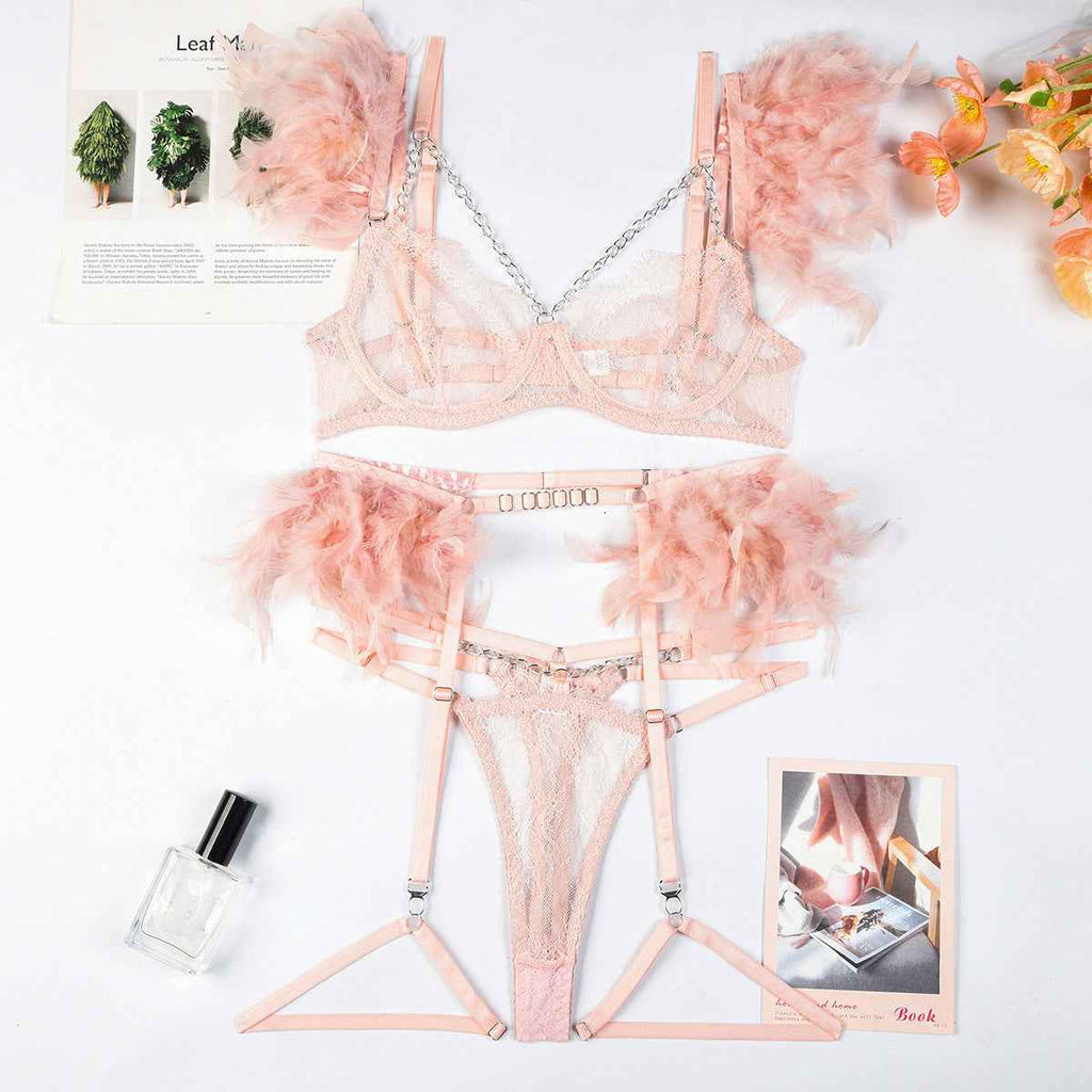 Christma Feather and Chains Lace Sexy Lingerie Set