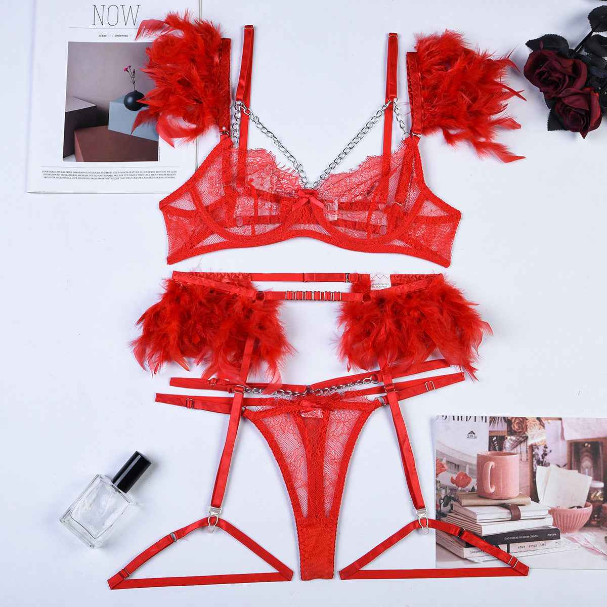 Christma Feather and Chains Lace Sexy Lingerie Set