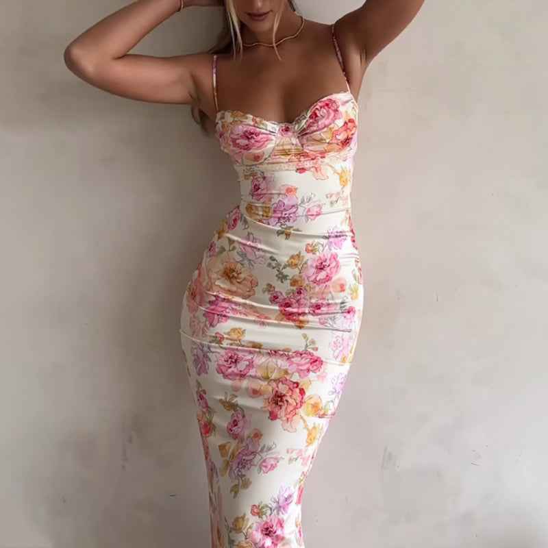 Women's Floral Bodycon Maxi Dress - Sexy Spaghetti Strap Dress