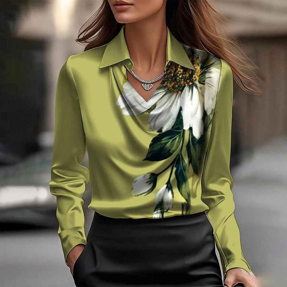 Women's Solid Satin Swing Collar Draped Blouses