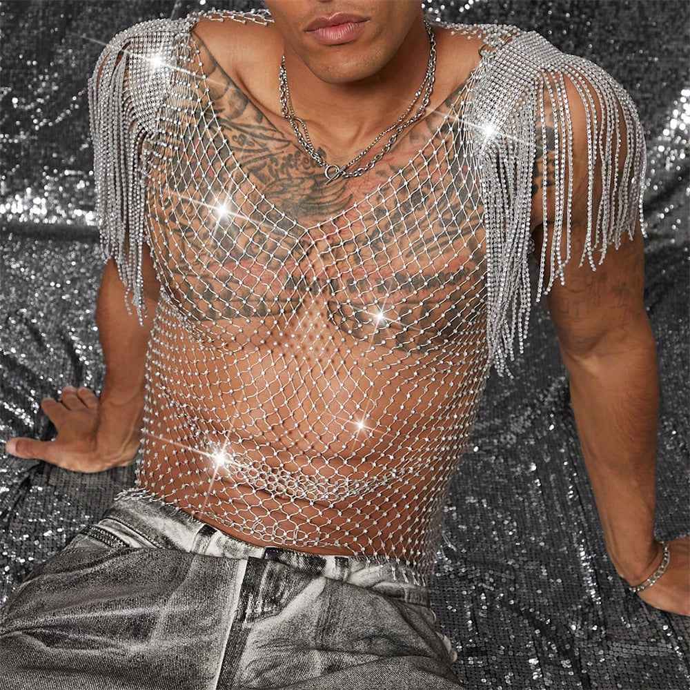 Grid Rhinestone Fishnet T-shirt See-through Nightclub shirt