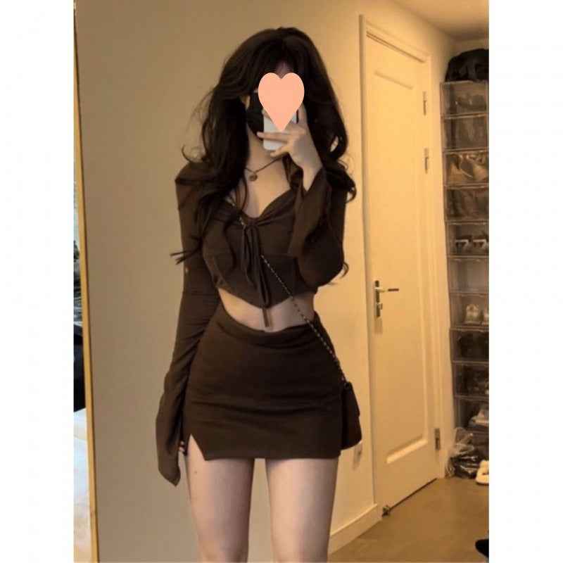 American Hot Girl Hem Irregular Long Sleeve Top And Skirt Set