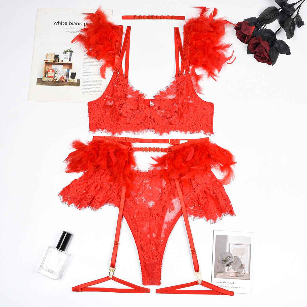 Feather Sexy Lingerie Lace Women Bra Panty Set