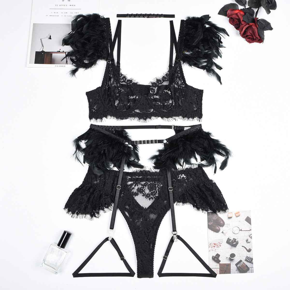 Feather Sexy Lingerie Lace Women Bra Panty Set