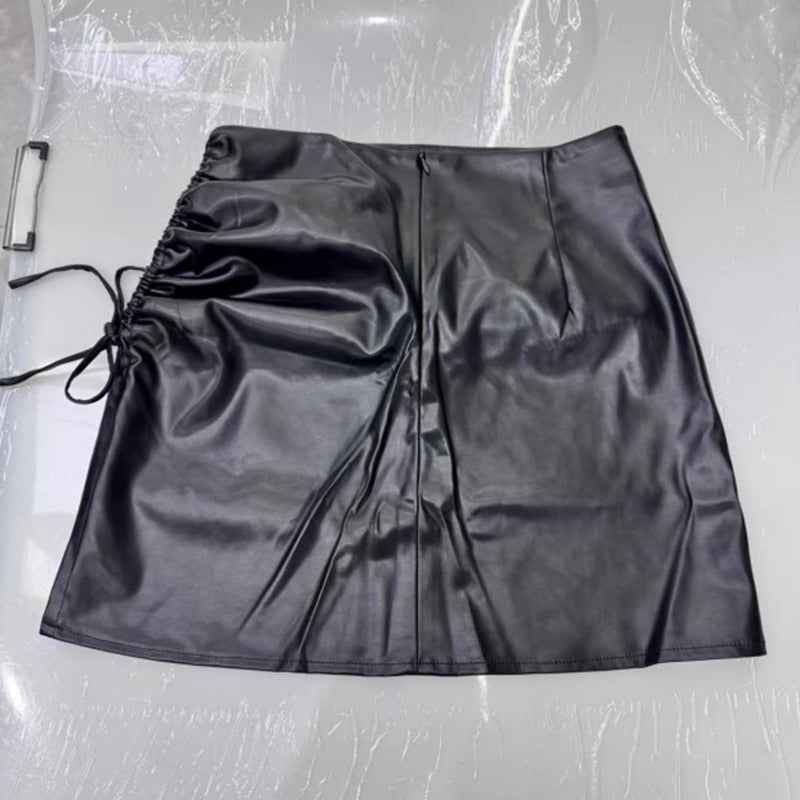 Women's Faux Leather Mini Skirt, Side Slit Ruched Drawstring Bodycon