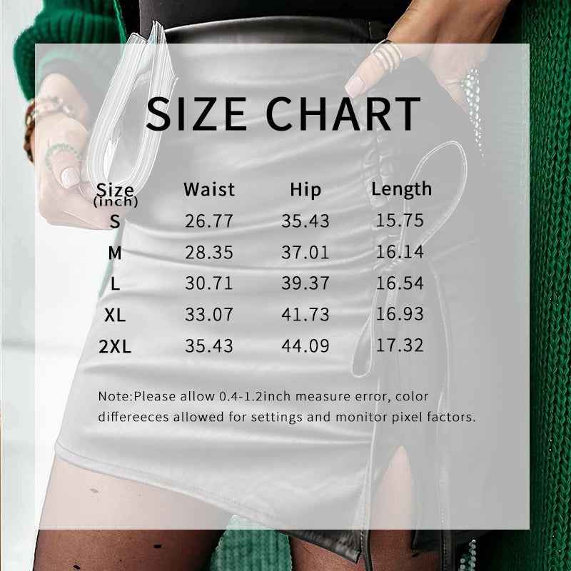 Women's Faux Leather Mini Skirt, Side Slit Ruched Drawstring Bodycon