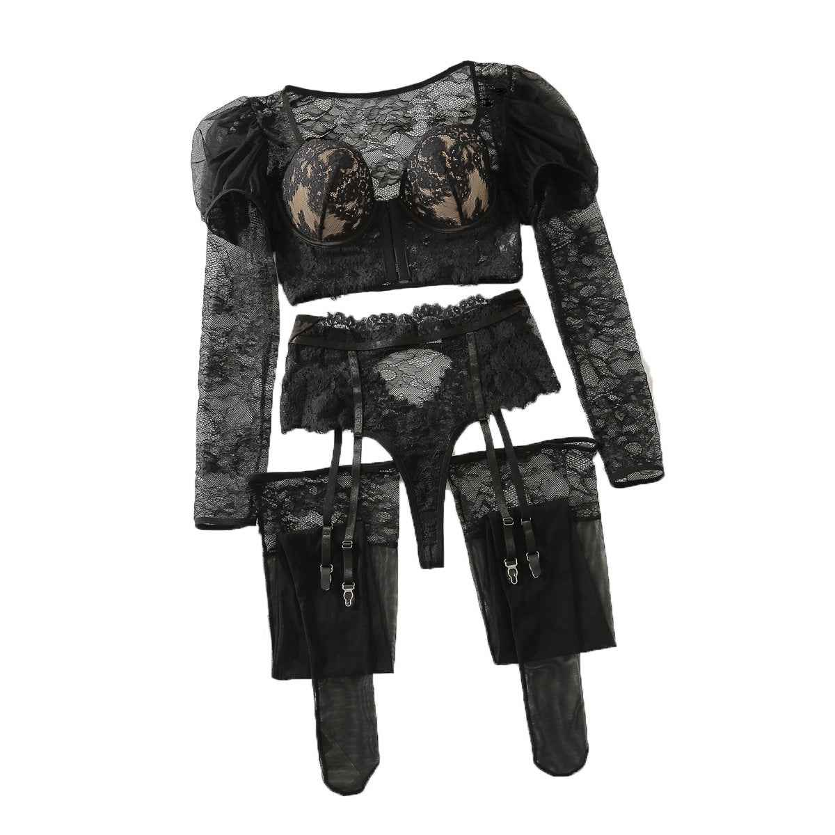 Lace Ribbon Stockings Lingerie Belly Contracting Split Set