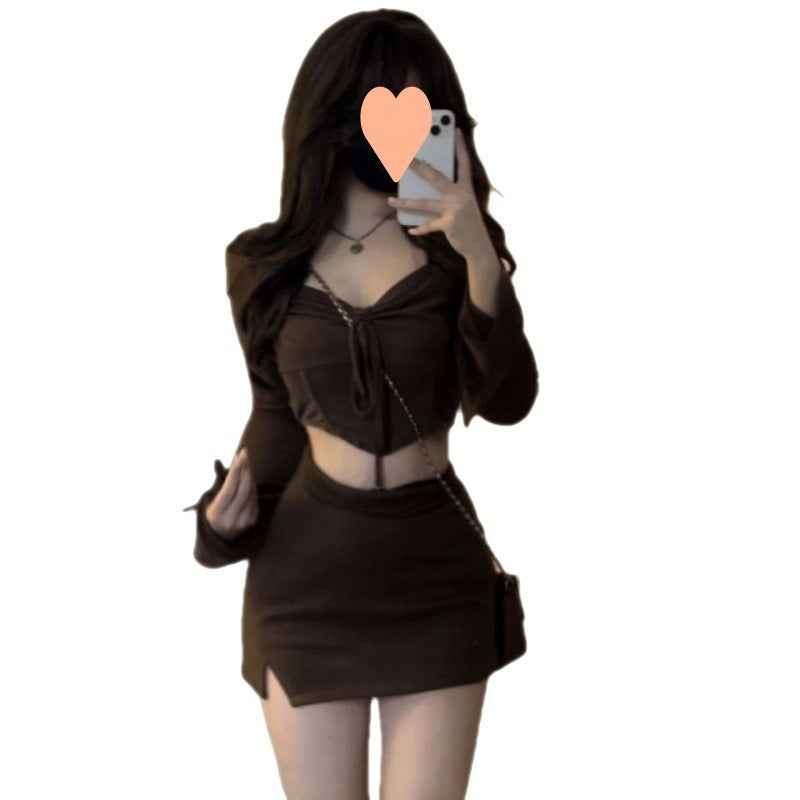 American Hot Girl Hem Irregular Long Sleeve Top And Skirt Set