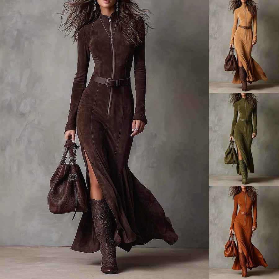Zipper Split Long-sleeved Dresses Cowboy Retro Women's Clothing