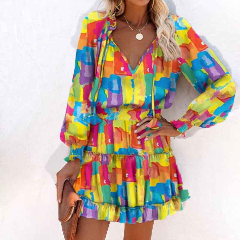 Women's Bohemian Print V-Neck Long Sleeve Dress - Flowy Beach Dress