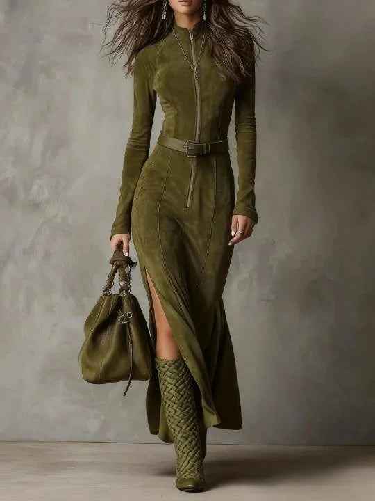 Zipper Split Long-sleeved Dresses Cowboy Retro Women's Clothing