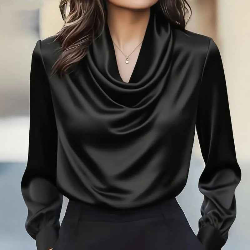 Women's Elegant Draped Neck Blouse, Solid Color Ruffle Detail Long Sleeve Shirt