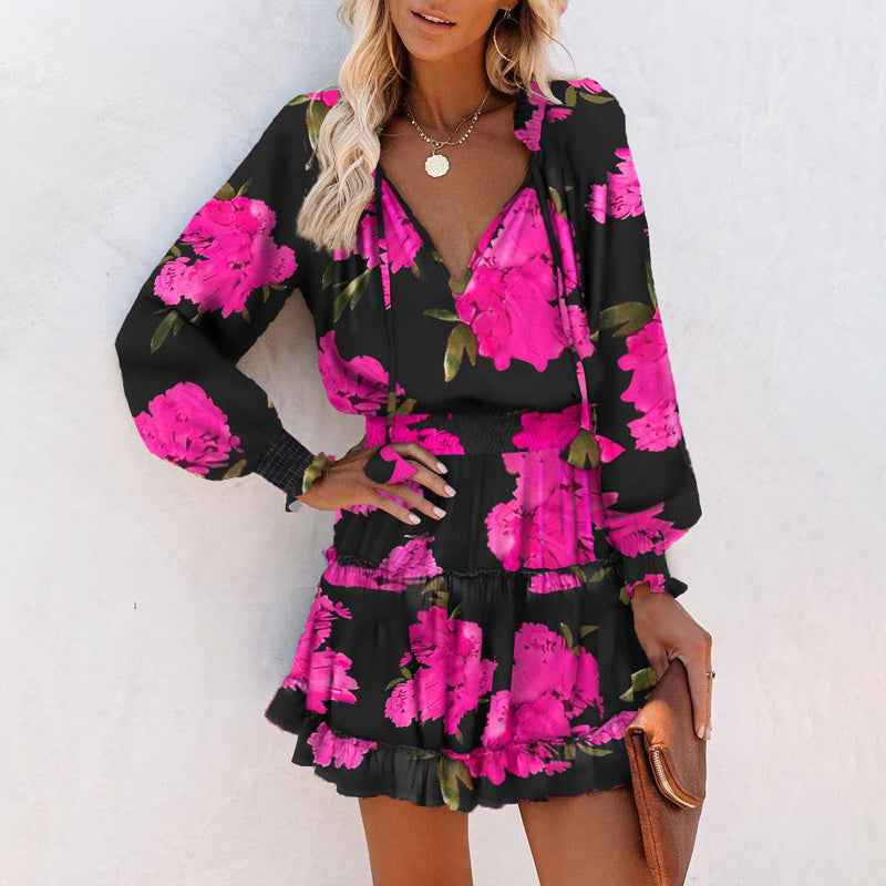 Women's Bohemian Print V-Neck Long Sleeve Dress - Flowy Beach Dress