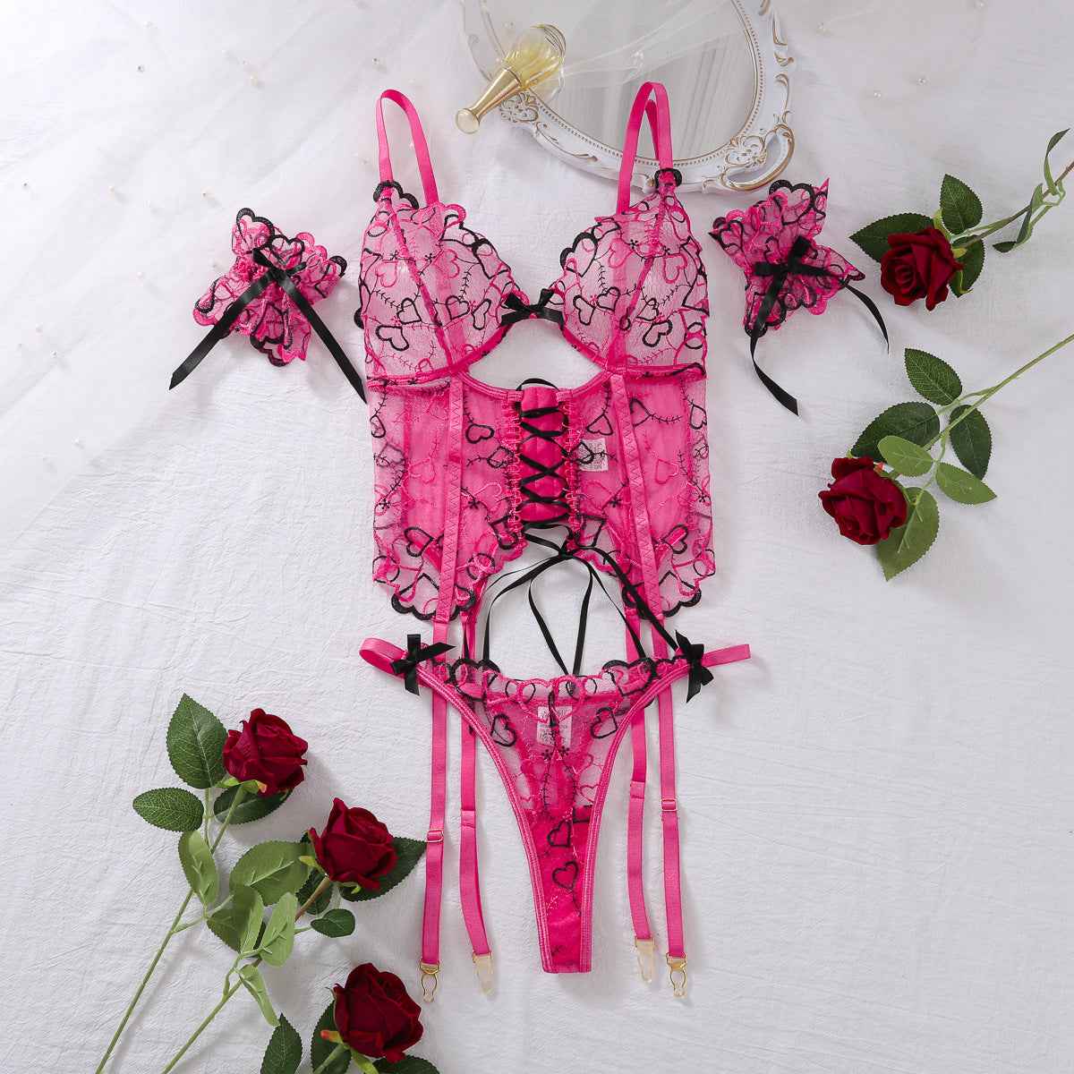 Women's Lace-up Love Embroidered Three-piece lingerie