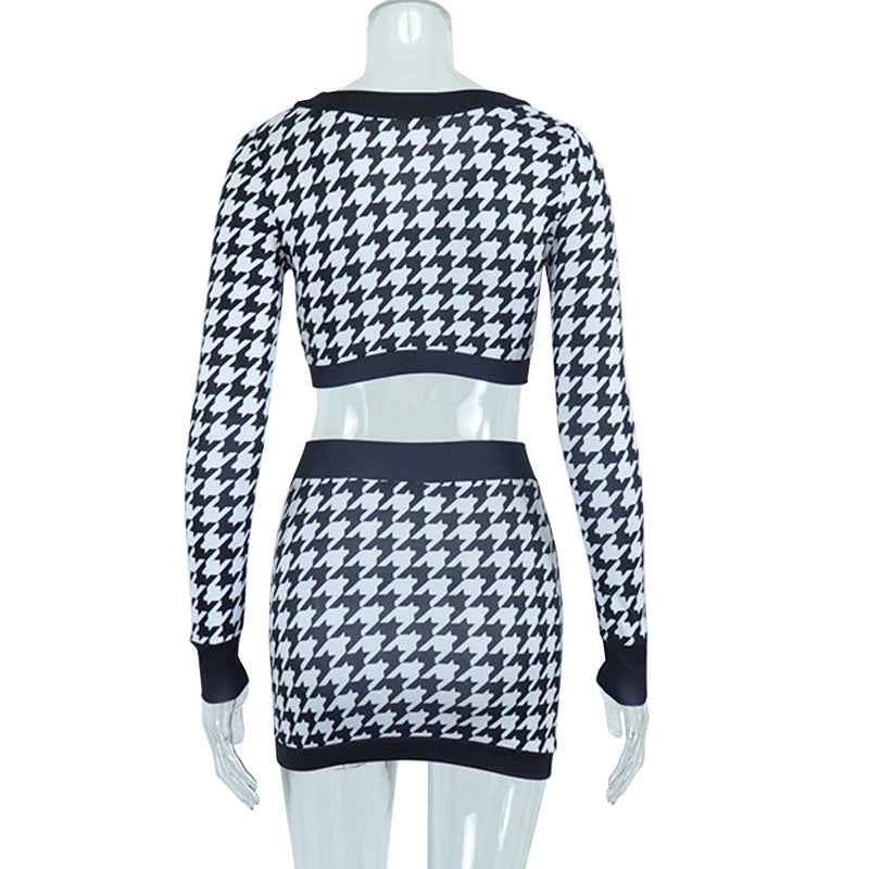 V-neck Digital Printing Short Top Color Matching Skirt