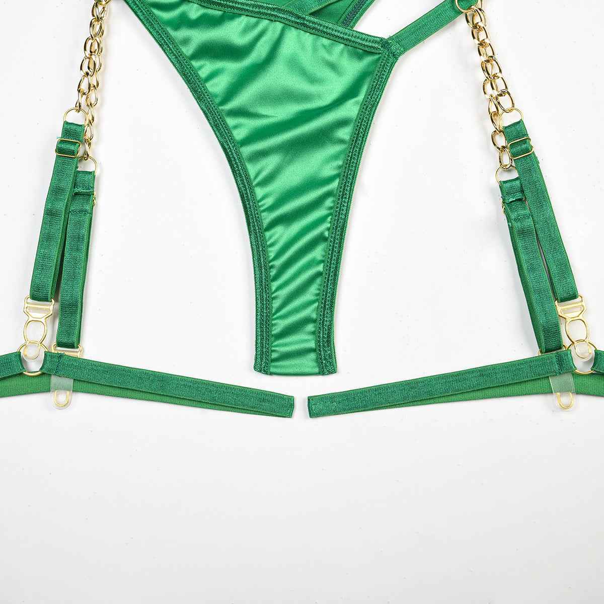Green Satin High-end Lingerie Three-piece Set Women's Chain