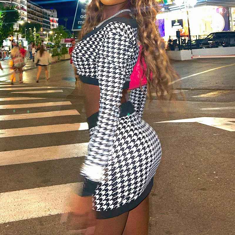 V-neck Digital Printing Short Top Color Matching Skirt