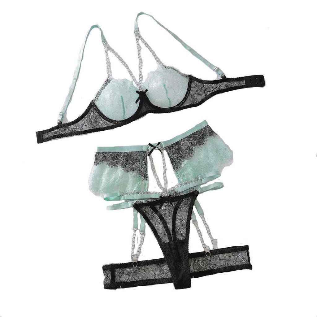 Chain Decoration Contrast Color Lace Body Shaping Lingerie Split Set