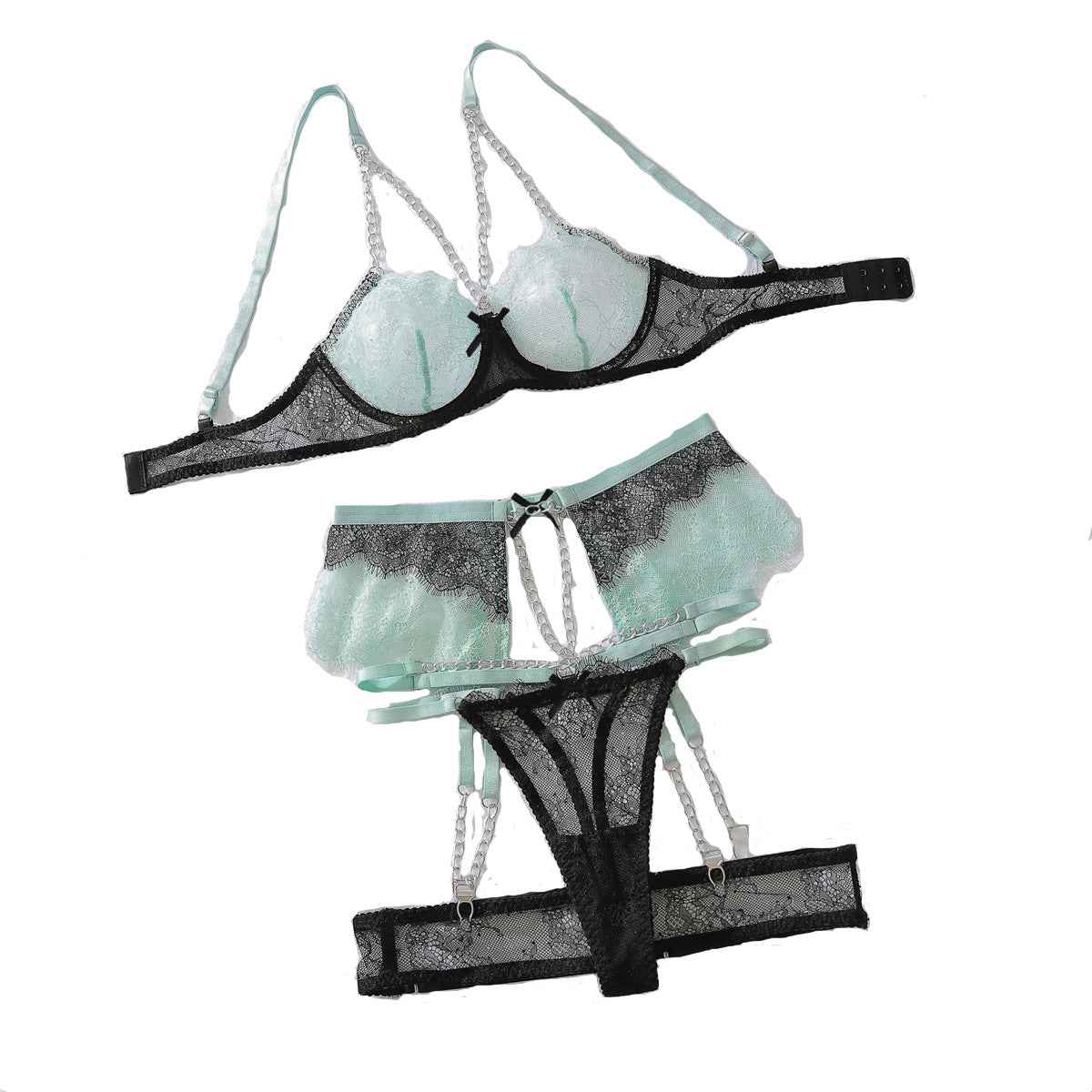 Chain Decoration Contrast Color Lace Body Shaping Lingerie Split Set
