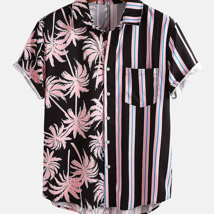 New Men's Printed pattern Striped Stitching Casual Shirt Short-sleeved