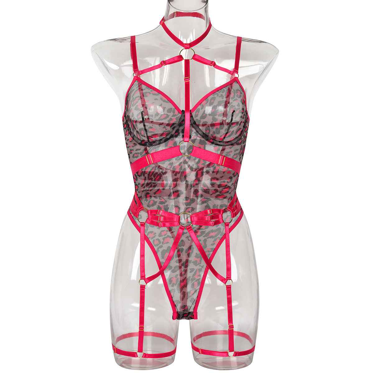 Leopard Print Sheer thigh suspenders Lingerie With Steel Ring